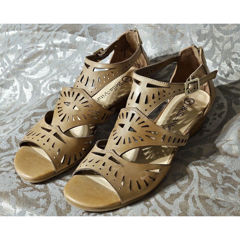 Bella Vita Tan Beige Saddle Burnish Leather Womens Sandals Wedge Size 9.5